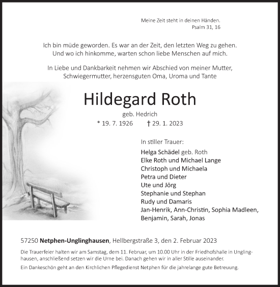 Traueranzeige von Hildegard Roth von Siegener Zeitung
