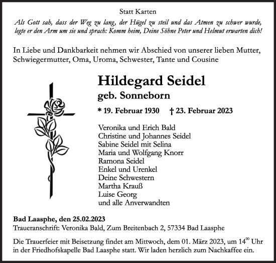 Traueranzeige von Hildegard Seidel von Siegener Zeitung