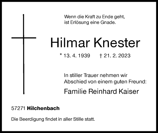 Traueranzeige von Hilmar Knester von Siegener Zeitung