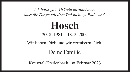 Traueranzeige von Hosch  von Siegener Zeitung