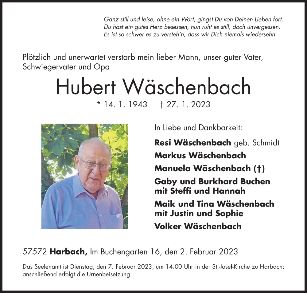  Traueranzeige für Hubert Wäschenbach vom 02.02.2023 aus Siegener Zeitung