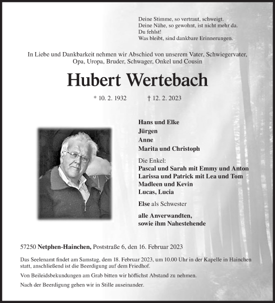 Traueranzeige von Hubert Wertebach von Siegener Zeitung