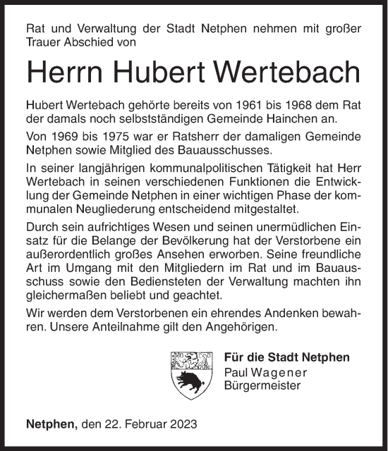 Traueranzeige von Hubert Wertebach von Siegener Zeitung