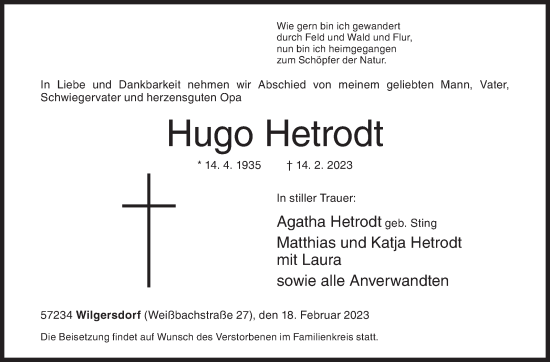 Traueranzeige von Hugo Hetrodt von Siegener Zeitung
