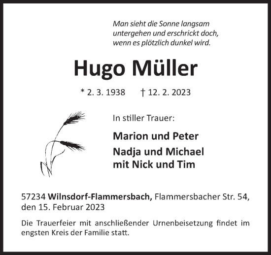 Traueranzeige von Hugo Müller von Siegener Zeitung