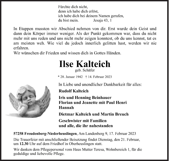 Traueranzeige von Ilse Kalteich von Siegener Zeitung