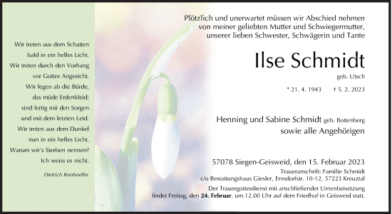 Traueranzeige von Ilse Schmidt von Siegener Zeitung