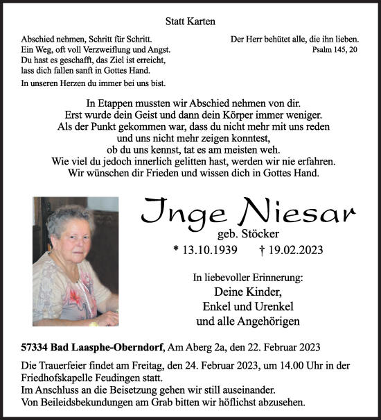 Traueranzeige von Inge Niesar von Siegener Zeitung