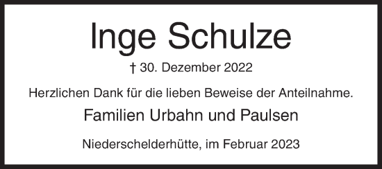 Traueranzeige von Inge Schulze von Siegener Zeitung