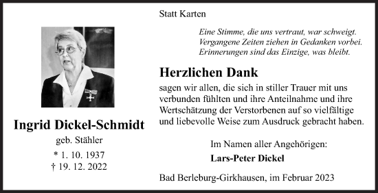Traueranzeige von Ingrid Dickel-Schmidt von Siegener Zeitung
