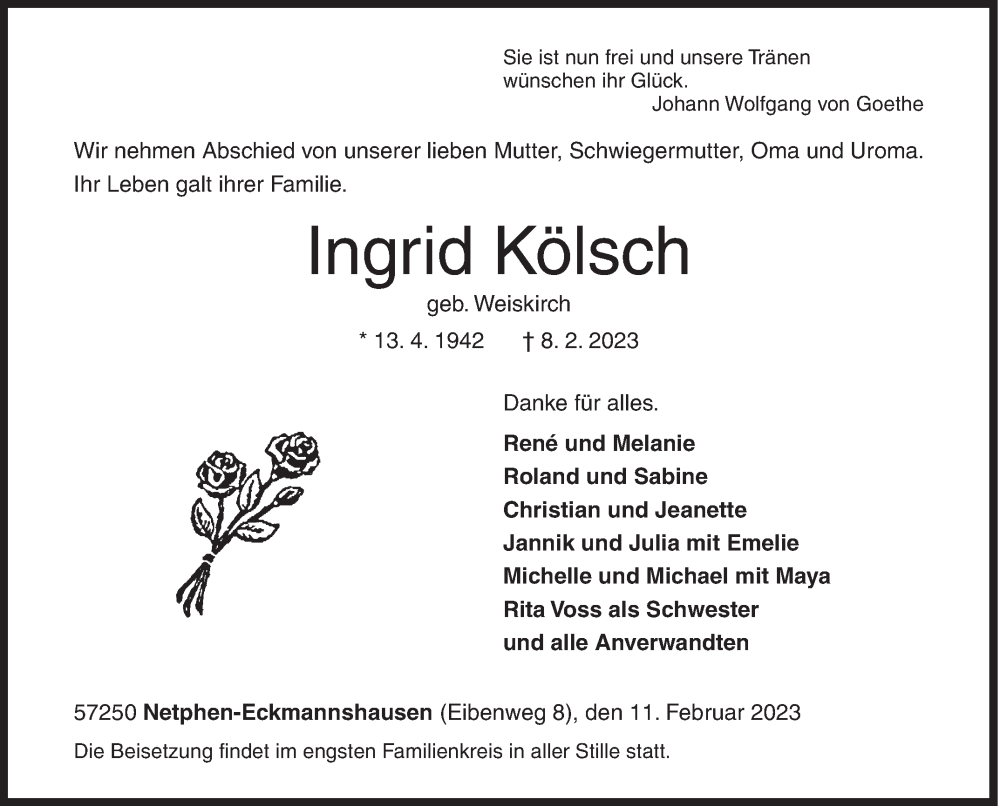  Traueranzeige für Ingrid Kölsch vom 11.02.2023 aus Siegener Zeitung