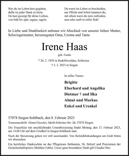 Traueranzeige von Irene Haas von Siegener Zeitung
