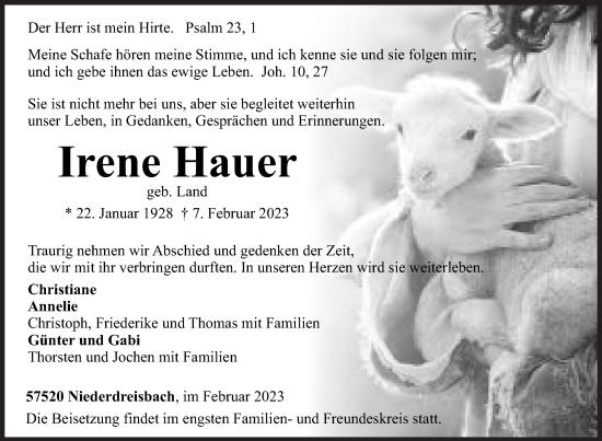 Traueranzeige von Irene Hauer von Siegener Zeitung