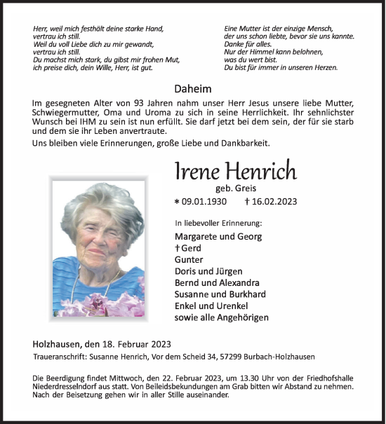 Traueranzeige von Irene Henrich von Siegener Zeitung