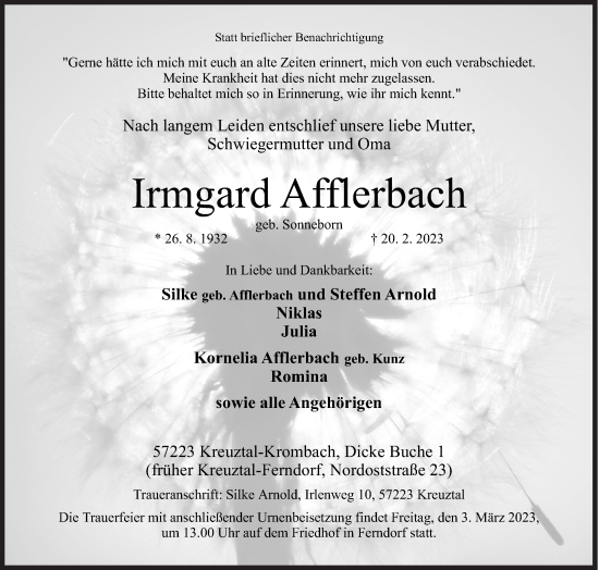 Traueranzeige von Irmgard Afflerbach von Siegener Zeitung