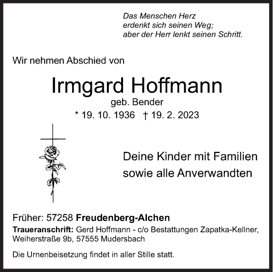 Traueranzeige von Irmgard Hoffmann von Siegener Zeitung