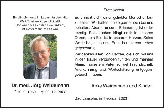 Traueranzeige von Jörg Weidemann von Siegener Zeitung