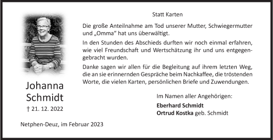 Traueranzeige von Johanna Schmidt von Siegener Zeitung