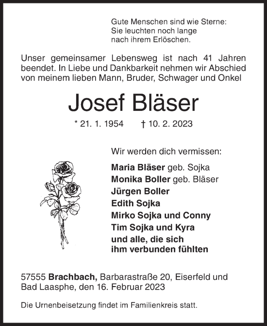 Traueranzeige von Josef Bläser von Siegener Zeitung