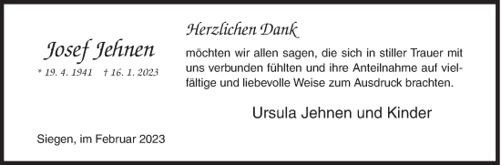 Traueranzeige von Josef Jehnen von Siegener Zeitung