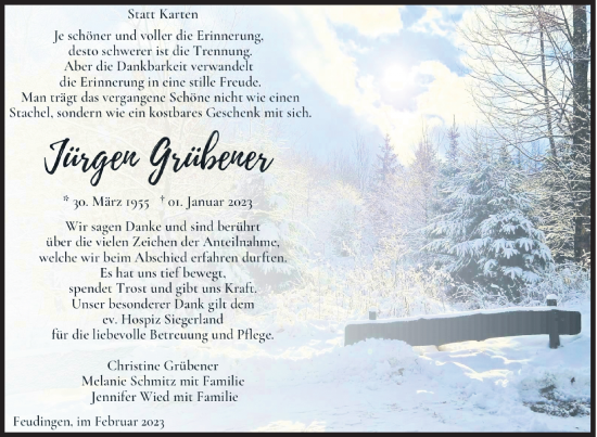 Traueranzeige von Jürgen Grübener von Siegener Zeitung