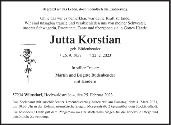 Traueranzeige von Jutta Korstian von Siegener Zeitung