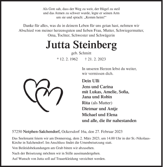 Traueranzeige von Jutta Steinberg von Siegener Zeitung