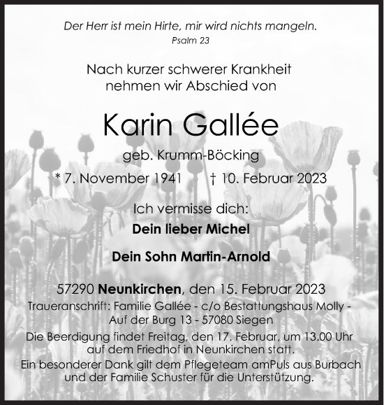 Traueranzeige von Karin Gallée von Siegener Zeitung