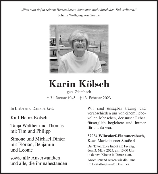 Traueranzeige von Karin Kölsch von Siegener Zeitung