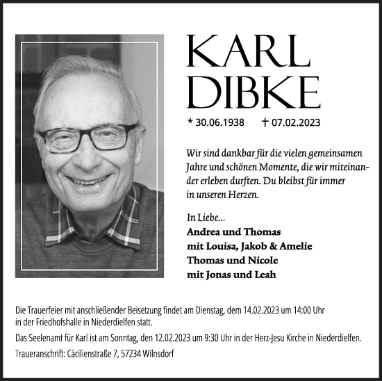 Traueranzeige von Karl Dibke von Siegener Zeitung