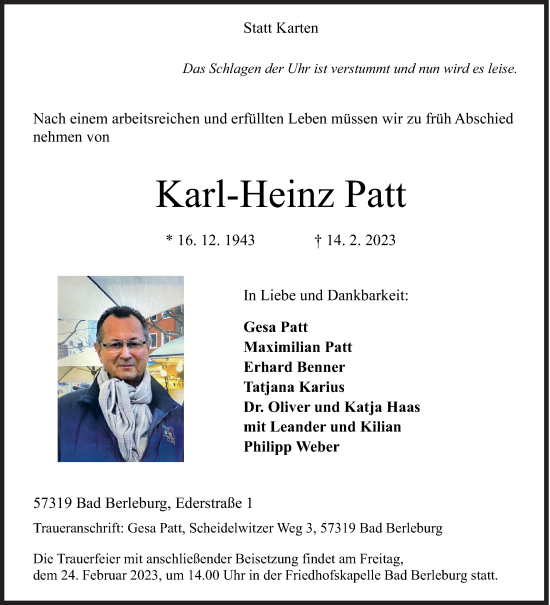 Traueranzeige von Karl-Heinz Patt von Siegener Zeitung