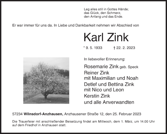 Traueranzeige von Karl Zink von Siegener Zeitung