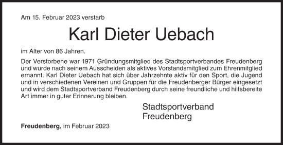 Traueranzeige von Karl Dieter Uebach von Siegener Zeitung