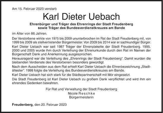 Traueranzeige von Karl Dieter Uebach von Siegener Zeitung