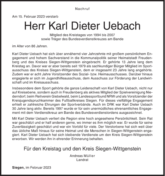 Traueranzeige von Karl Dieter Uebach von Siegener Zeitung