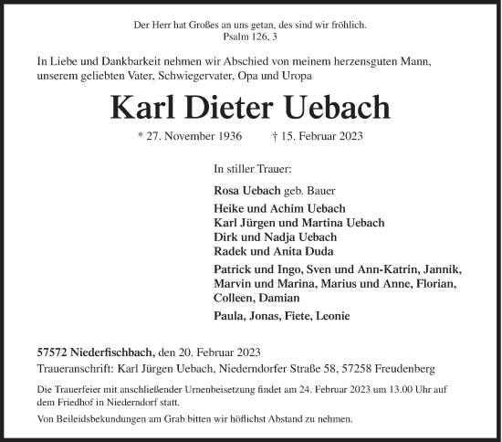 Traueranzeige von Karl Dieter Uebach von Siegener Zeitung