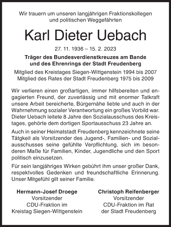 Traueranzeige von Karl Dieter Uebach von Siegener Zeitung