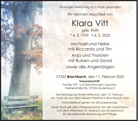 Traueranzeige von Klara Vitt von Siegener Zeitung