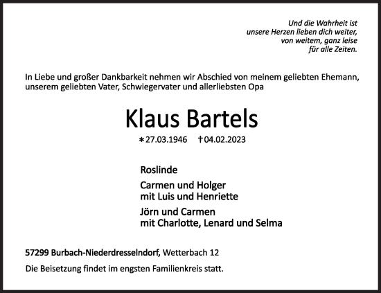 Traueranzeige von Klaus Bartels von Siegener Zeitung