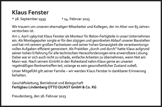 Traueranzeige von Klaus Fenster von Siegener Zeitung