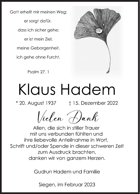 Traueranzeige von Klaus Hadem von Siegener Zeitung