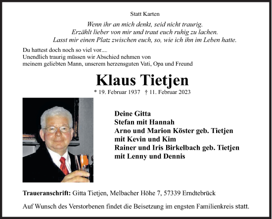 Traueranzeige von Klaus Tietjen von Siegener Zeitung