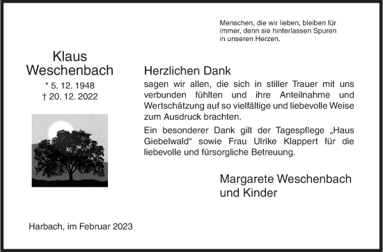 Traueranzeige von Klaus Weschenbach von Siegener Zeitung