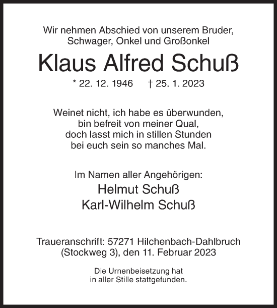 Traueranzeige von Klaus Alfred Schuß von Siegener Zeitung