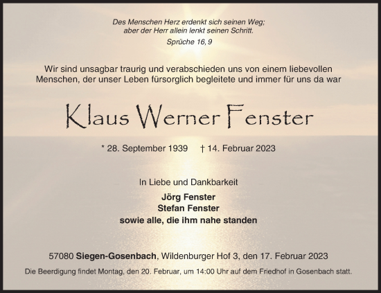 Traueranzeige von Klaus Werner Fenster von Siegener Zeitung
