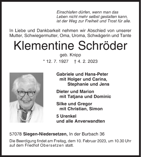 Traueranzeige von Klementine Schröder von Siegener Zeitung