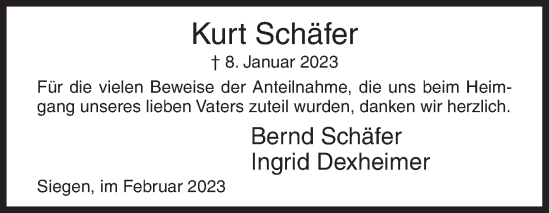 Traueranzeige von Kurt Schäfer von Siegener Zeitung