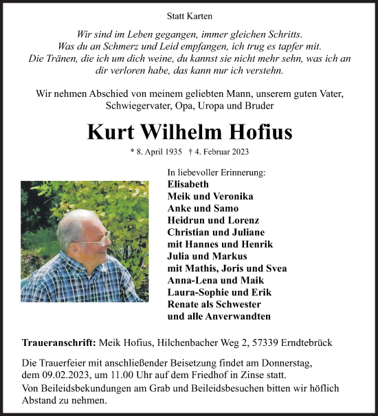 Traueranzeige von Kurt Wilhelm Hofius von Siegener Zeitung