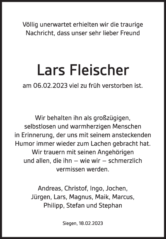 Traueranzeige von Lars Fleischer von Siegener Zeitung