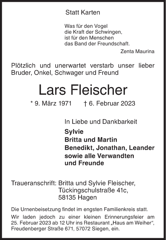 Traueranzeige von Lars Fleischer von Siegener Zeitung